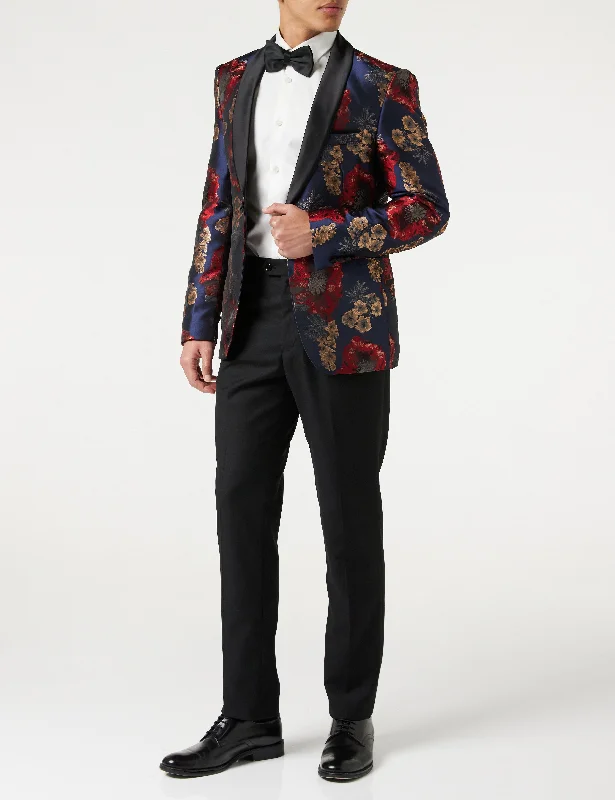 Durable Men's Wool SuitsFlocked Floral Red Navy Tux Jacket