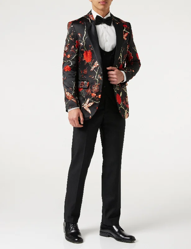 Practical Men's Machine-Washable SuitsTUXEDO BLACK RED FLORAL BLAZER