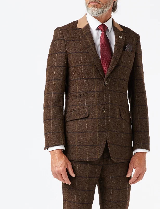 Men's Suits with Mother-of-Pearl ButtonsEVAN - TWEED HERRINGBONE BROWN CHECK JACKET & WAISTCOAT