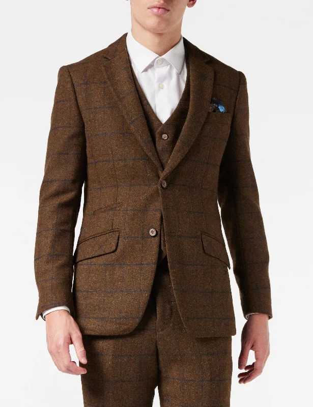 Men's Suits with Security PocketsTAN TWEED NAVY CHECK JACKET