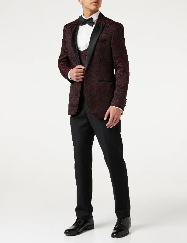 Weather-Ready Men's Water-Resistant SuitsBRIAN - Floral Jacquard Print Red Tuxedo Jacket With Waistcoat