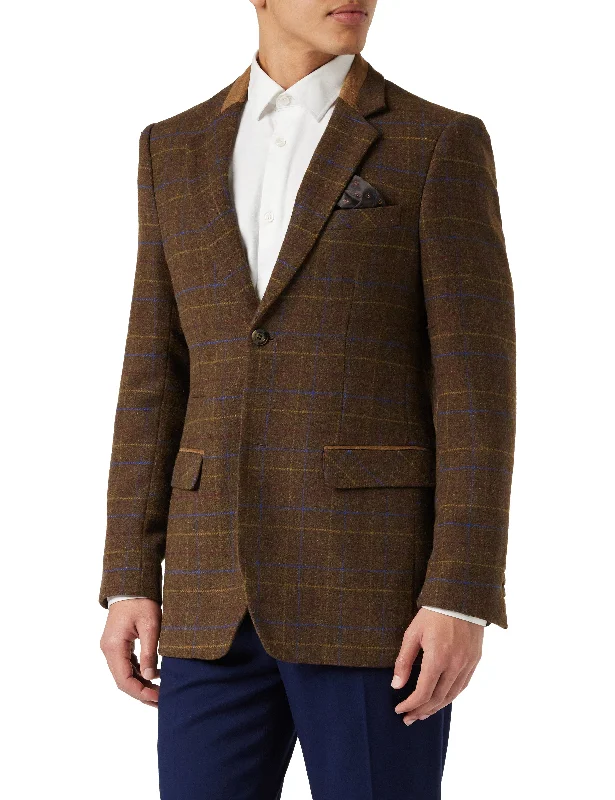 Men's Suits with Side-Adjustable Trouser WaistsCHESTER - Brown Tweed Check Blazer