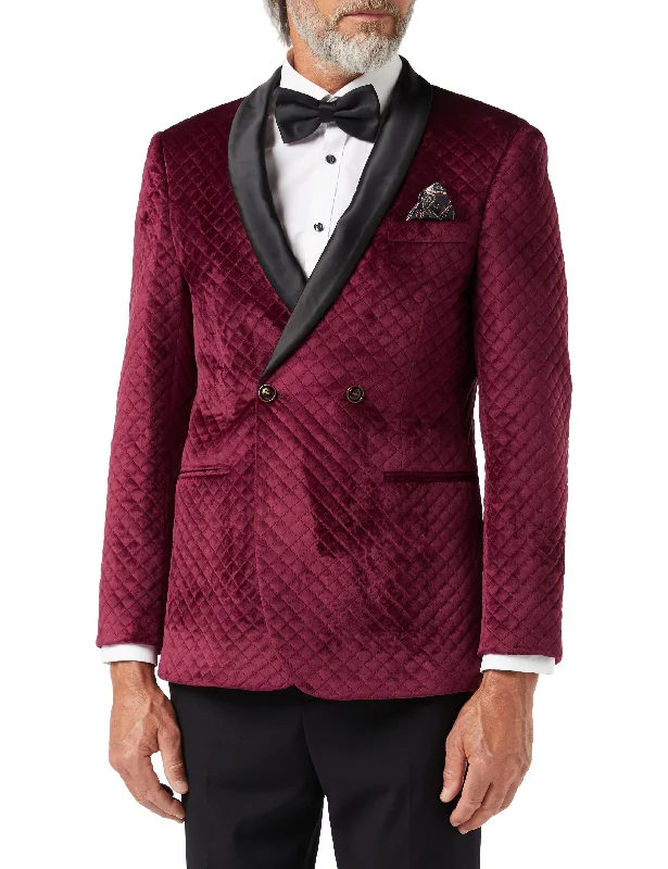 Men's Suits with Fusion ConstructionsRHOM -Maroon Quilted Velvet Double Breasted Tuxedo  Jacket