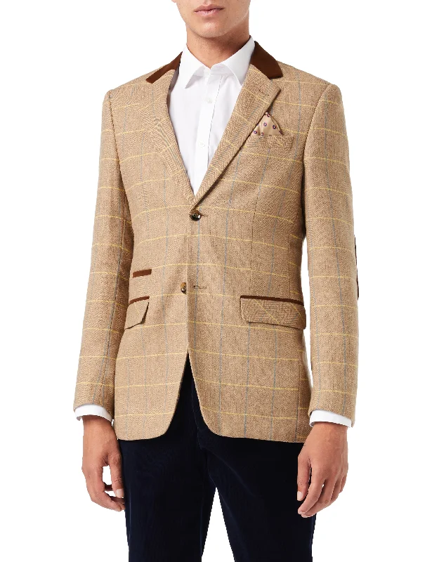 Men's Suits with Peak LapelsELTON -  Light Brown Tweed Check Blazer