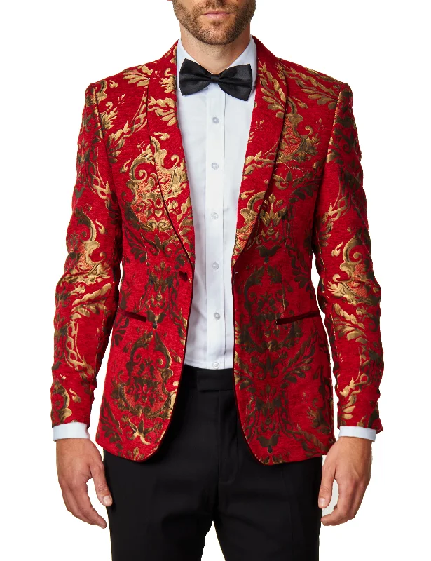 Men's Suits with Linen-Blend FabricsGLEN - Gold Brocade Paisley Print on Crimson Red Jacquard Tux Jacket