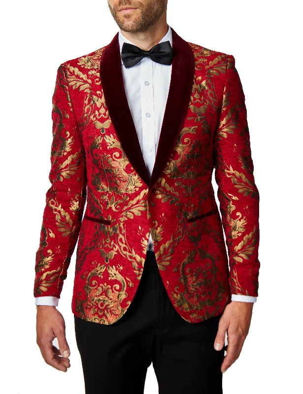 Men's Suits with Patterned FabricsGLEN - Gold Brocade Paisley on Crimson Red Jacquard Dinner Jacket