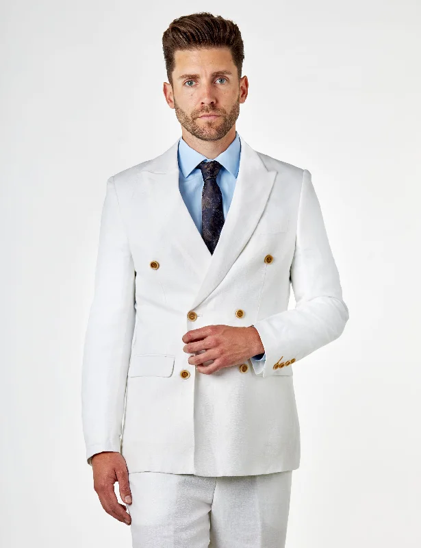 Men's Suits with Skinny LegsRAY - Tailored Fit Off White Herringbone Linen Double Breasted Jacket