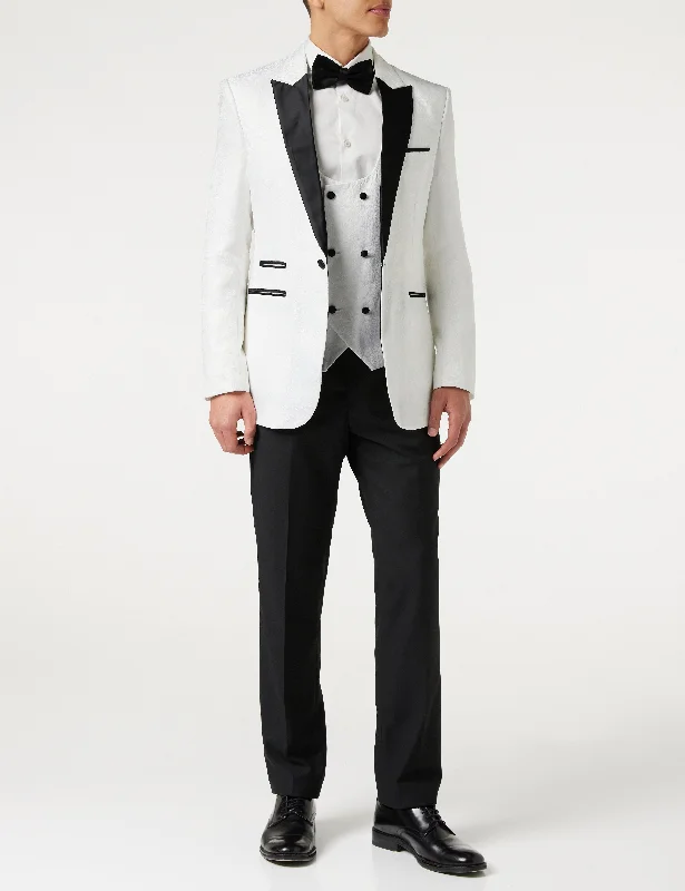 Men's Suits for WeddingsBRIAN - Floral Jacquard Print White Tuxedo Jacket With Waistcoat