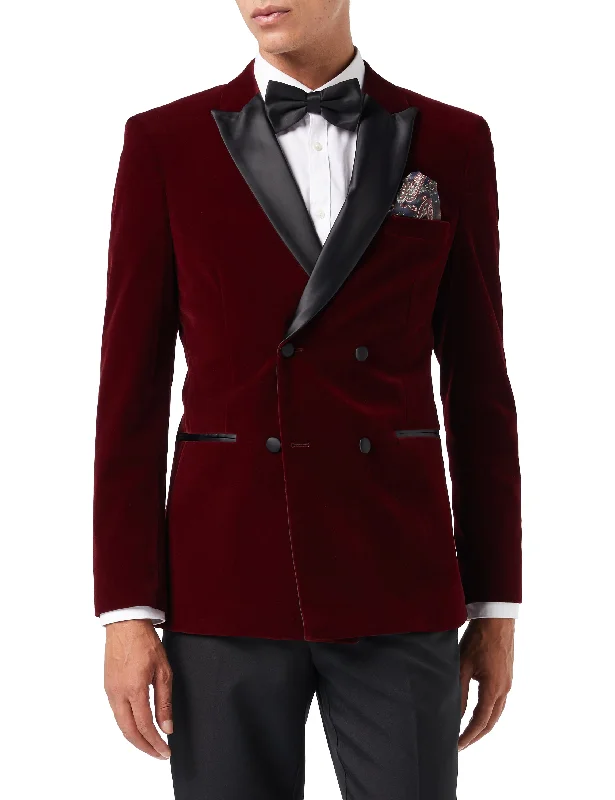 Men's Suits with Single VentsSMITH - BURGUNDY TUXEDO DOUBLE BREASTED VELVET BLAZER