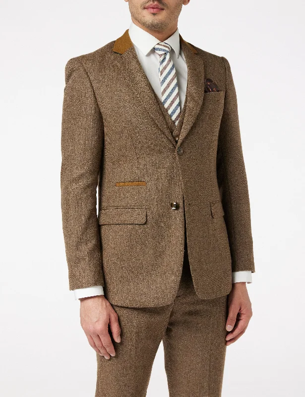 Men's Suits with Wool-Blend FabricsHERRINGBONE TWEED TAN BROWN JACKET