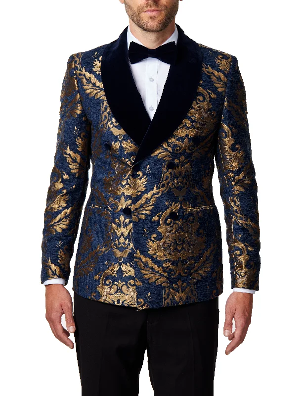 Fashionable Men's Smart Casual SuitsGLEN - Gold Brocade on Navy Jacquard Double Breasted Jacket