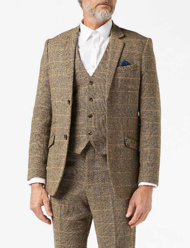 Men's Suits for Corporate SettingsTWEED CHECK HERRINGBONE TAN JACKET