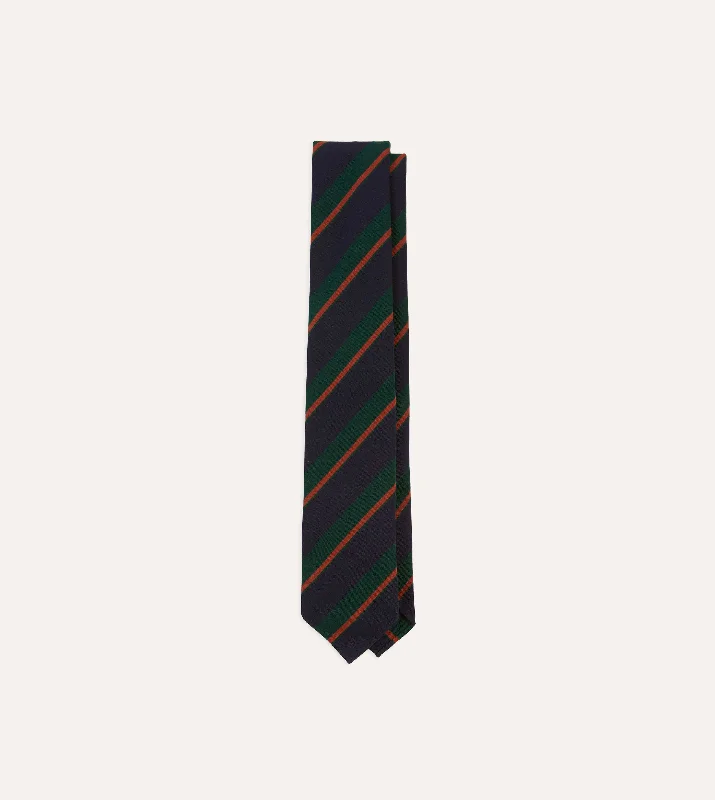 Navy, Green and Orange Stripe Mogador Wool Cotton Hand Rolled Tie