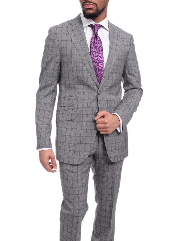 Napoli Mens 42L Gray Windowpane Check Slim Fit 2 Piece Suit