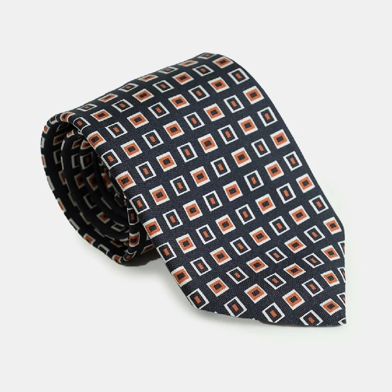 Lioni Abstract Printed Silk Tie - Navy and Orange