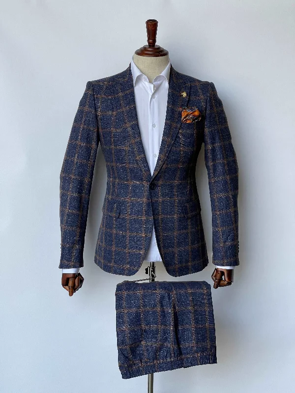 Giovanni Testi 1 Button Peak Lapel Plaid Slim GFGit Suit GTRVL1P-7037 NAVY/BROWN (R23-B)