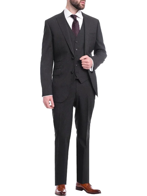 Napoli Mens Solid Charcoal Marzotto 100% Wool Slim Fit 3 Piece Suit