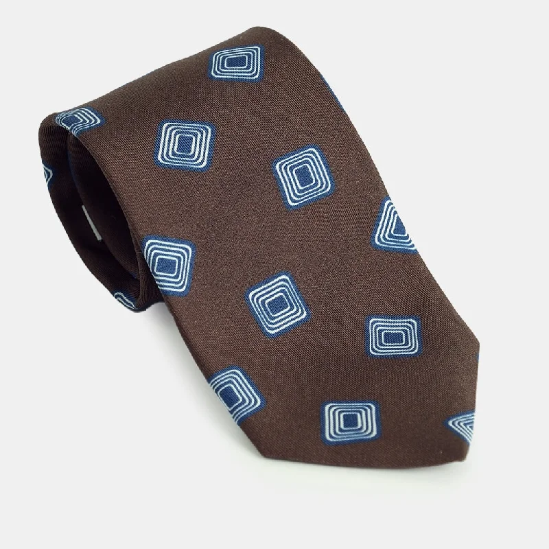 Lioni Abstract Printed Silk Tie - Cocoa and Blue