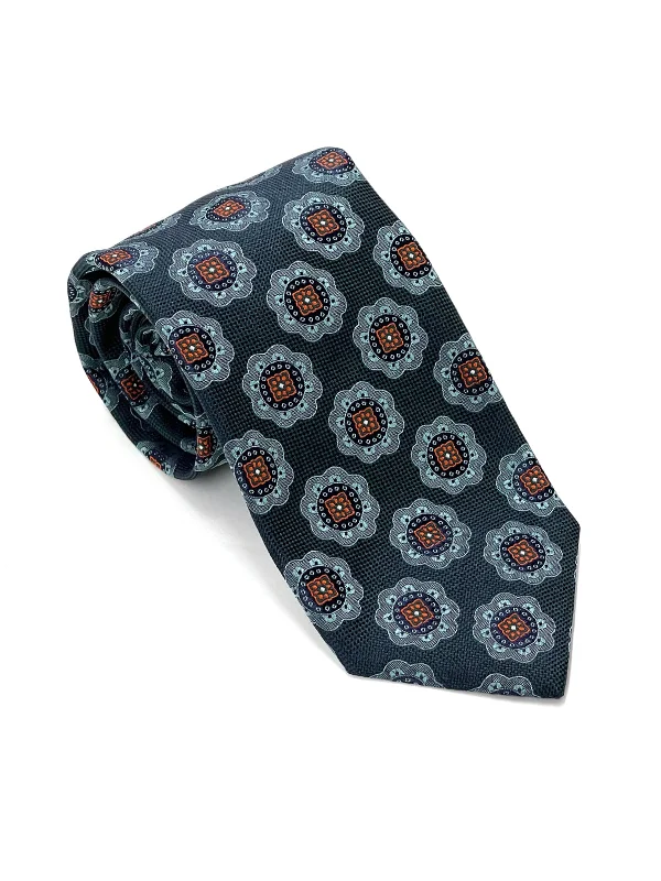 Large Mon Motif in Green, Teal & Tangerine Tie