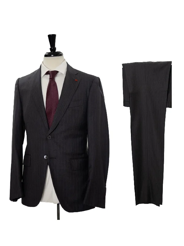 Isaia Mens 38R Drop 8 Charcoal Pinstripe 100% Wool Slim Fit 2 Piece Suit