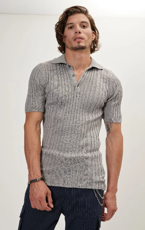 Men's Shirts with Embroidered DesignsRibbed Short Sleeve Polo Neck T-Shirt  - Grey