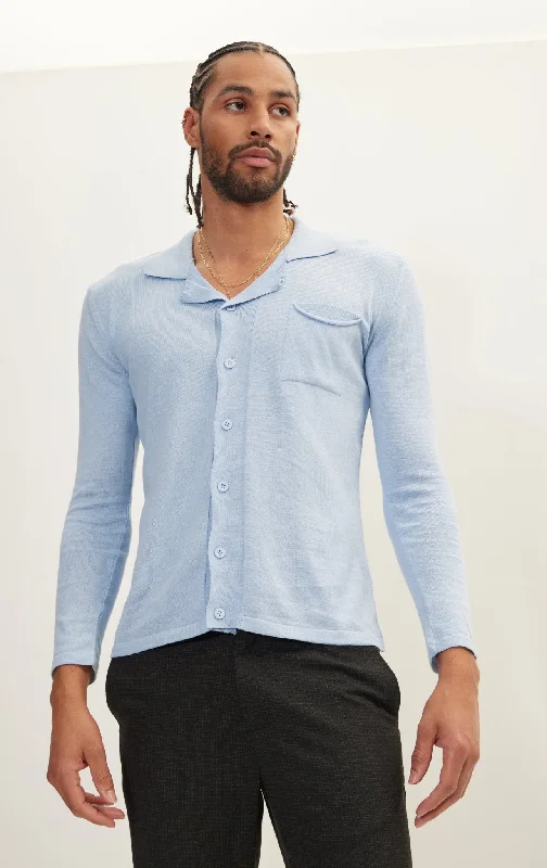 Stylish Men's HenleysLong Sleeve Knit Button Down - Blue