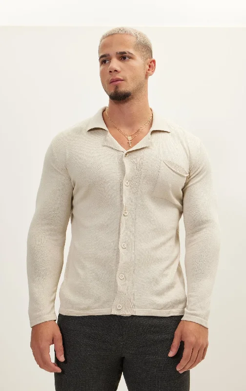 Striped Men's TopsLong Sleeve Knit Button Down - Stone