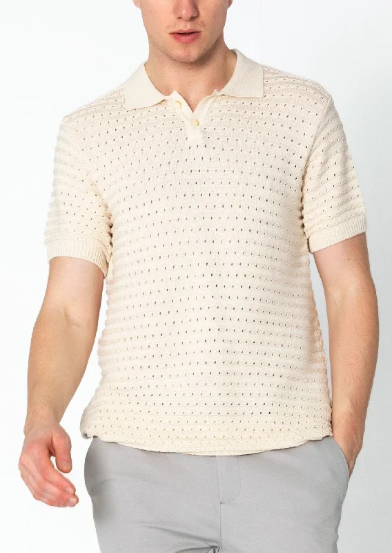 Men's Shirts with Adjustable CuffsEyelet Short Sleeve Polo Tee - Beige