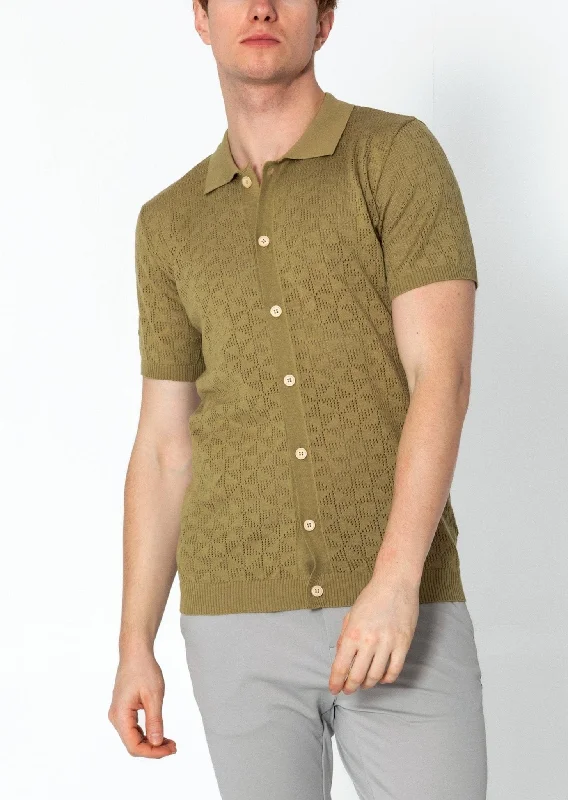 Men's Shirts with Snap ButtonsGeometric Crochet Knit Polo - Light Green