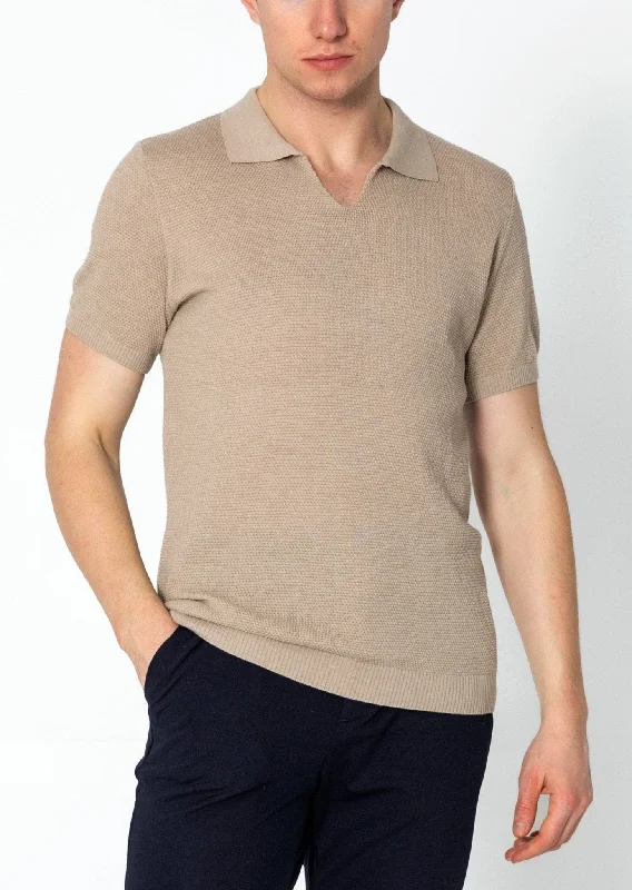 Men's Shirts with Embellished CollarsJersey Knit V-neck Polo - Stone