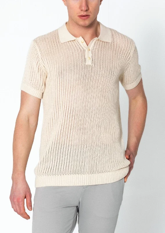 Men's Shirts with Tab CollarsOpenwork Knit Polo Tee - Beige