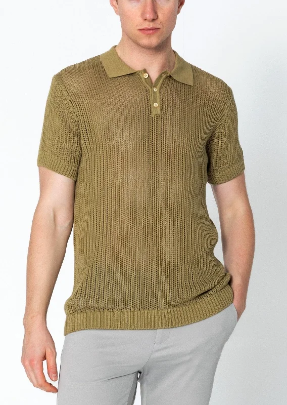 Men's Shirts with Patchwork PatternsOpenwork Knit Polo Tee - Light Green