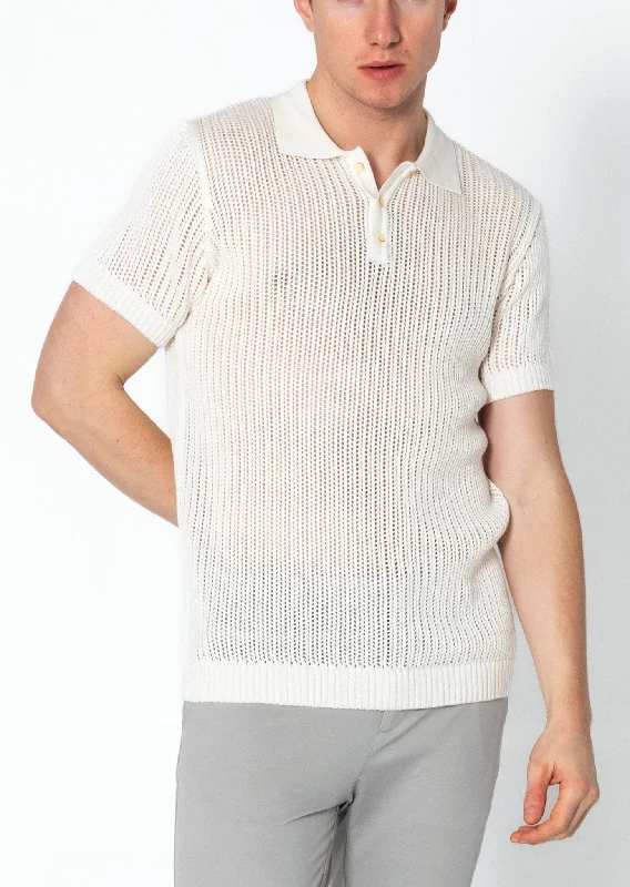 Men's Shirts with Plaid PatternsOpenwork Knit Polo Tee - Off White