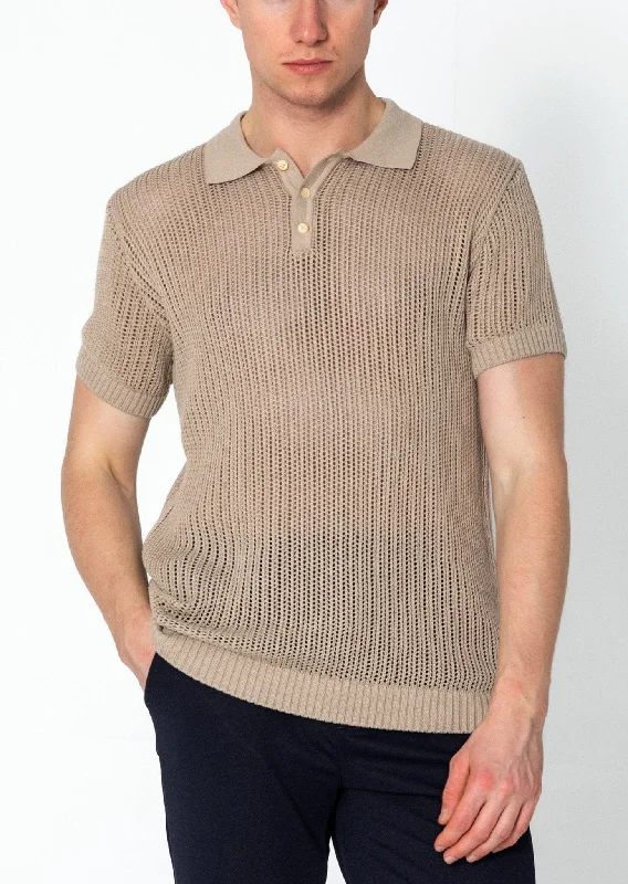 Patterned Men's Hawaiian ShirtsOpenwork Knit Polo Tee - Stone