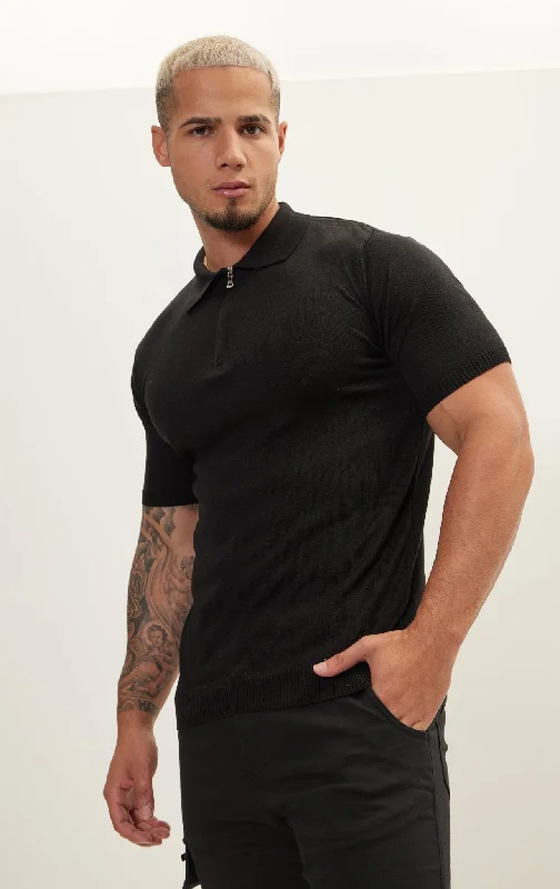 Men's Shirts with Roll-Up SleevesZipper Closure Lightweight Polo Tee - Black