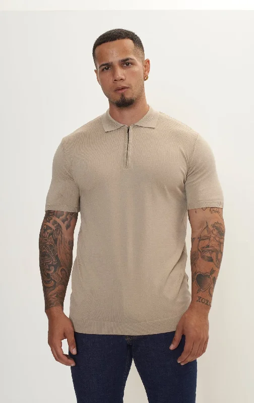 Men's Shirts with Scoop NecksZipper Closure Lightweight Polo Tee - Dark Beige