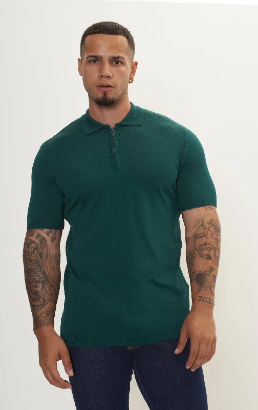 Men's Shirts with Rounded HemlinesZipper Closure Lightweight Polo Tee - Green