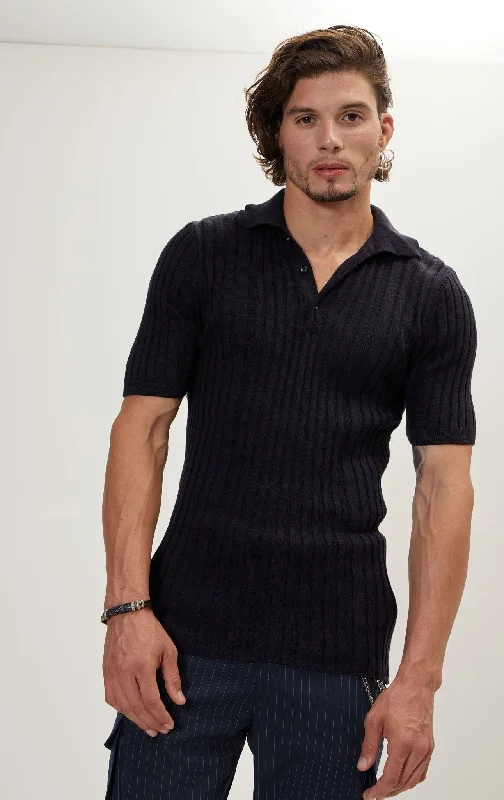 Men's Shirts with Scoop NecksRibbed Short Sleeve Polo Neck T-Shirt  - Navy