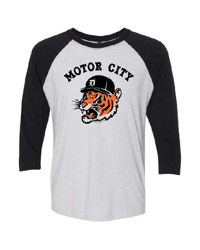 Men's Shirts with Contrast CollarsInk Detroit Motor City Kitty Tri Blend 3/4 Sleeve Raglan T-Shirt