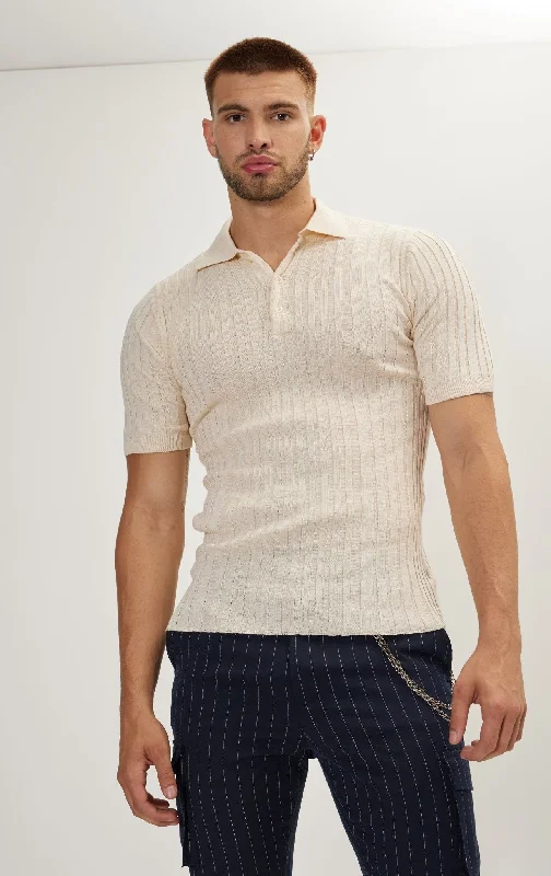 Men's Shirts with Button-Down PocketsRibbed Short Sleeve Polo Neck T-Shirt - Beige