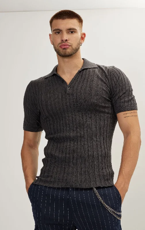 Men's Shirts with Pleated HemlinesRibbed Short Sleeve Polo Neck T-Shirt - Anthracite