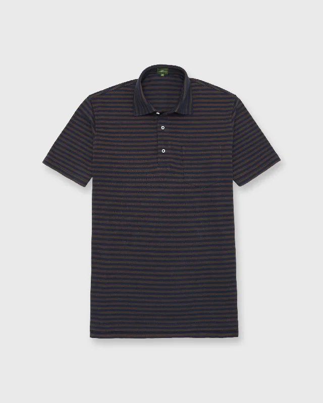 Men's Shirts with Convertible CollarsShort-Sleeved Polo in Brown/Navy Stripe Dark Oxford Pima Pique