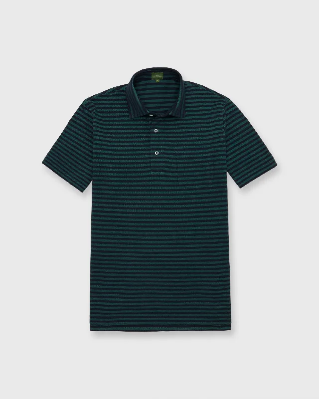 Men's Shirts with Lace-Up HemlinesShort-Sleeved Polo in Spruce/Navy Stripe Dark Oxford Pima Pique