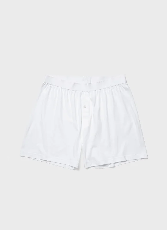 Men's Sea Island Cotton One-Button Boxer Shorts in White