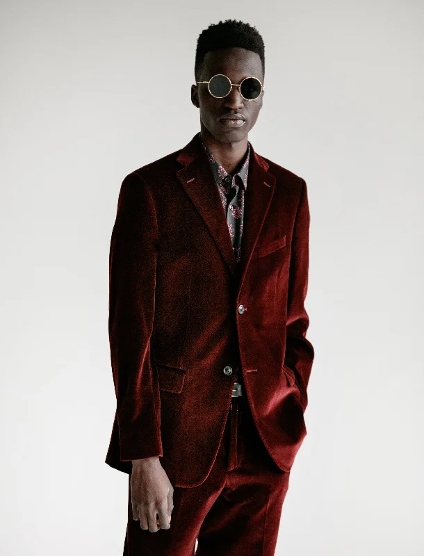 Men's Coats with Fur TrimNotch Lapel Jacket Cotton Velvet Bordeaux