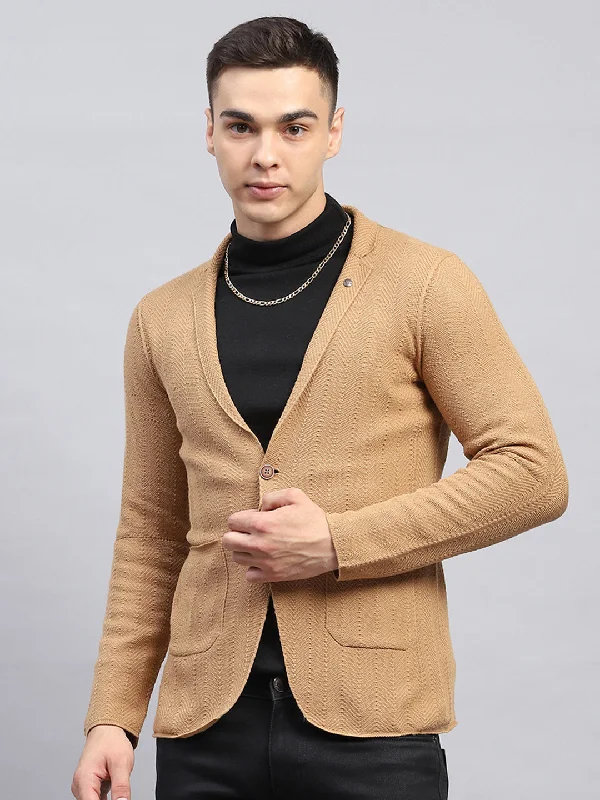 Men's Coats with Velcro ClosuresMen Beige Self Design V Neck Full Sleeve Coat