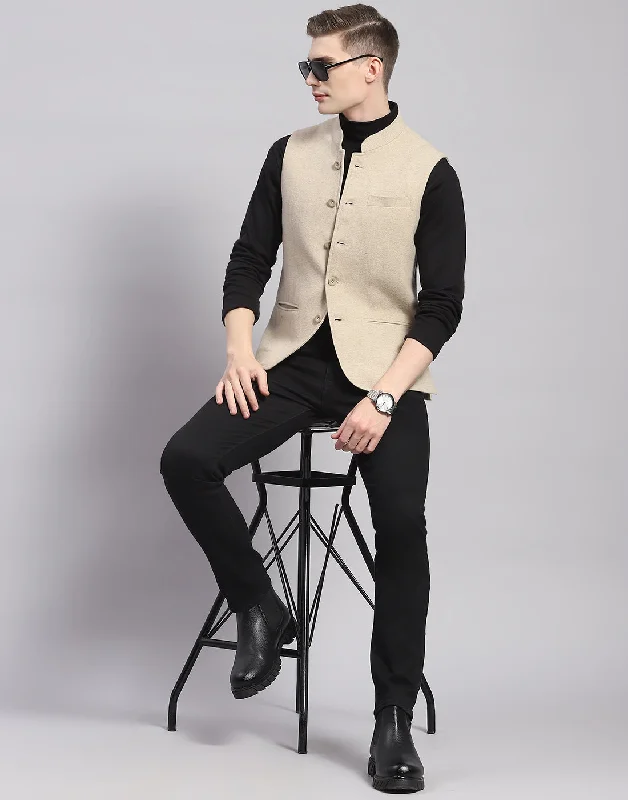 Men's Coats with ZippersMen Beige Solid Mandarin Collar Sleeveless Nehru Jacket