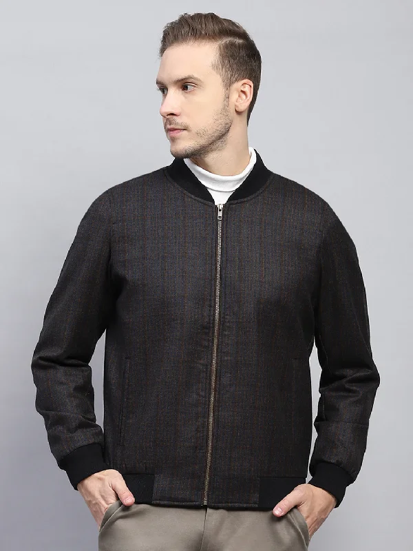 Men's Coats with Reflective StripesMen Black & Brown Check Round Neck Full Sleeve Coat