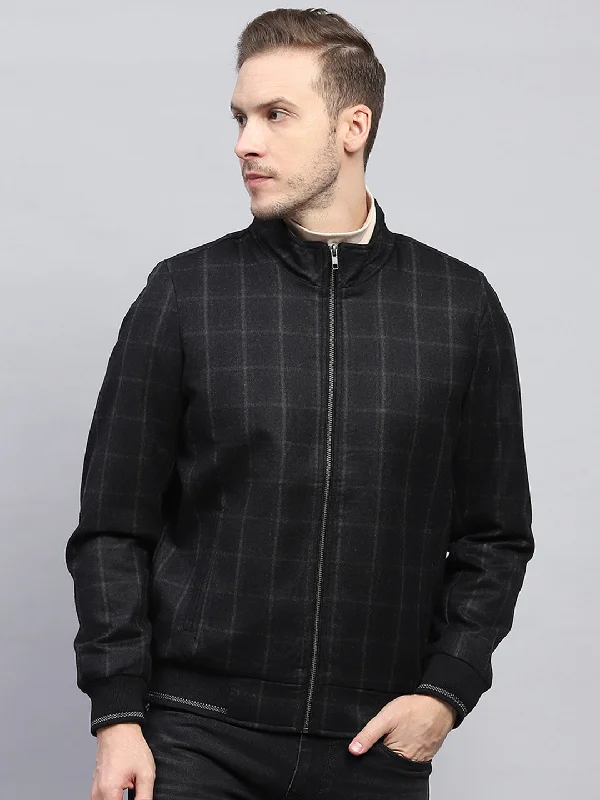 Men's Coats with Belted WaistsMen Black Check Mock Neck Full Sleeve Coat