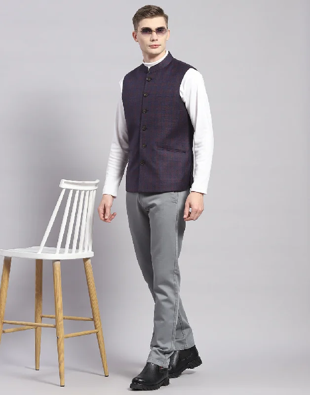 Durable Men's Car CoatsMen Blue Check Mandarin Collar Sleeveless Nehru Jacket